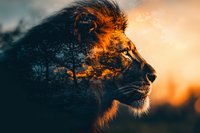 Majestic lion profile with double exposure effect combining sunset savanna landscape and fierce predator face, dramatic orange and dark tones create powerful mood.
