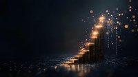 Glowing golden staircase with magical light particles rising against dark background, symbolizing growth, success and achievement in business visualization.
