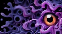 Mysterious orange eye surrounded by swirling purple tentacle-like patterns against black background creates surreal, fantasy artwork for creative projects.