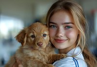 Young Caucasian woman with blonde hair and blue eyes holding adorable ginger puppy with fluffy fur. Close up portrait showing genuine happiness and connection between pet and owner.