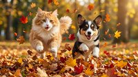 Orange tabby cat and corgi puppy playing together in colorful autumn leaves with falling foliage in sunny park setting during fall season.