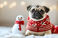 Adorable pug dog wearing festive red Christmas sweater sitting next to cute snowman decoration with warm bokeh lights creating cozy holiday atmosphere.