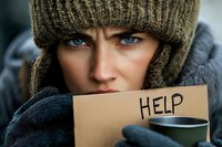 Close up portrait of young Caucasian woman with intense blue eyes wearing winter hat and gloves, holding cardboard sign with help text and coffee cup, expressing vulnerability.