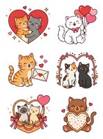 Cute cats in love with hearts, balloons, and romantic elements. Isolated clipart collection on white background, ready for Valentine's Day designs, greeting cards, t-shirts, and love-themed projects.