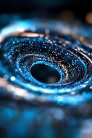 Abstract blue spiral vortex with glittering particles and bokeh lights creating cosmic energy flow for digital art and science fiction designs.