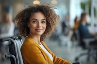 Young mixed race businesswoman with curly hair wearing mustard yellow cardigan smiling confidently in modern office environment with blurred background.