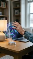 Hand touching holographic display above laptop at wooden desk with lamp, representing futuristic technology, artificial intelligence, and digital innovation in modern workspace environment.