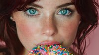 Young woman with striking blue eyes and freckles biting colorful rainbow sprinkles donut against pink background. Sweet treat indulgence concept.