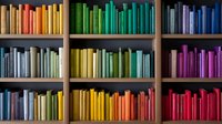 Books arranged by color on wooden shelves creating rainbow spectrum pattern. Multicolored hardcover and paperback spines organized in gradient display for library or bookstore.