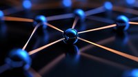 Glowing blue spheres connected by orange lines create futuristic network pattern against dark background, representing digital connectivity and neural networks.