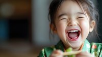 Happy Asian toddler girl laughing with joy and excitement, showing pure childhood happiness and carefree emotions in bright indoor setting.
