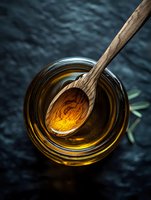 Golden honey in glass jar with wooden spoon on dark textured surface for natural sweetness and organic food concepts.