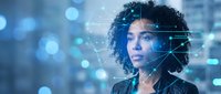 African American businesswoman with facial recognition technology overlay and digital network connections in futuristic blue bokeh background.