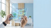 Businessman hands holding transparent tablet displaying 5G network hologram in modern office with wireless technology connectivity concept.