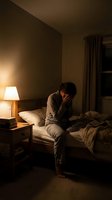 Person sitting on bed edge at night, head in hands, dim lamp light, expressing depression, anxiety, or insomnia in a dark bedroom.