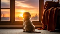 Small dog sitting by window watching golden sunset through glass panes in cozy living room with warm blanket creating peaceful domestic scene.