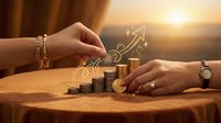 Two hands stacking gold coins on a table with a glowing arrow symbolizing financial growth, wealth, and investment success at sunset.