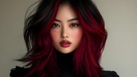 Young Asian woman with vibrant red hair highlights and burgundy lips wearing black turtleneck against neutral background, dramatic fashion portrait with moody lighting.