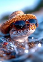 Cool snake wearing red sunglasses and straw hat on sparkling water background with bokeh lights, close up macro photography showing detailed scales and reflection.