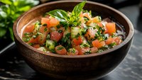 Fresh tabbouleh salad with diced tomatoes, parsley and herbs in wooden bowl. Healthy Mediterranean cuisine for restaurant menus and cooking blogs.