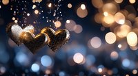 Pair of golden glittering hearts with bokeh lights on dark background, suitable for Valentine's Day, wedding, love, romance, and festive greeting card designs.