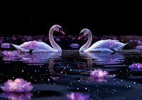 Two graceful white swans forming heart shape while swimming among glowing purple lotus flowers on dark water with magical sparkles and reflections at night.