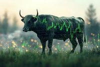 Bull silhouette with green stock market chart overlay standing in misty meadow at dawn, financial growth concept representing bullish market trends.