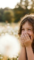 Young girl covering mouth with hands while laughing outdoors in golden sunlight with natural bokeh background for childhood joy and happiness concepts.