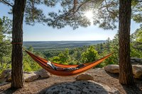 Orange hammock suspended between pine trees on rocky cliff overlook with expansive forest valley view and sunburst through branches, peaceful outdoor relaxation scene.