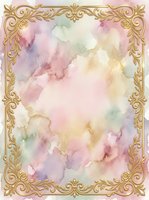 Soft watercolor wash in pastel pink, lavender, yellow and green tones with ornate gold filigree border frame. Suitable for wedding invitations, greeting cards, stationery design and elegant backgrounds.