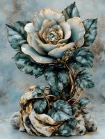 Elegant vintage rose sculpture with ornate metallic details and weathered patina finish on textured background for luxury home decor and artistic displays.