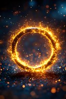 Glowing golden fire ring with sparkling particles and bokeh lights on dark background for magical fantasy designs and energy concepts.