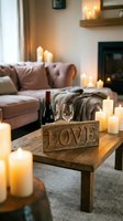 Cozy romantic living room with glowing candles, wine bottle, glasses, and rustic wooden love sign on coffee table for Valentine's Day.