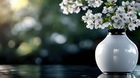 White ceramic vase with delicate pink cherry blossoms on wooden surface against soft bokeh garden background for spring home decor and floral arrangements.