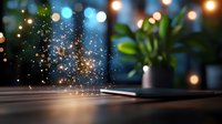 Magical glowing sparkles emerging from smartphone screen on dark table with bokeh lights and plant in background, creating enchanting atmosphere.