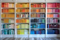 Colorful books arranged by spectrum colors on white wooden shelves creating rainbow effect in library. Books organized from red through yellow to blue and purple tones.
