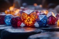 Colorful polyhedral dice with glowing backlight on dark stone surface, featuring translucent orange, blue, and red gaming dice in dramatic lighting setup.