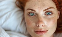 Close up portrait of young woman with natural freckles, bright blue eyes and red hair lying on white bedding, looking directly at camera with gentle smile.