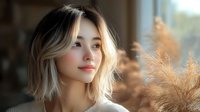 Young Asian woman with blonde ombre hair gazing thoughtfully near window with pampas grass decor creating soft atmospheric portrait in natural light.
