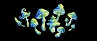 Watercolor fantasy mushrooms in blue and green tones, isolated on transparent background. Great for t-shirt design, stickers, clipart, sublimation, and print on demand projects.