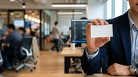Businessman in dark suit holding blank white business card in modern office environment with colleagues working in background, suitable for corporate branding and professional networking concepts.