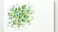 Fresh green parsley bunch painted in soft watercolor style with splashes, isolated on white background, ready for culinary design use.