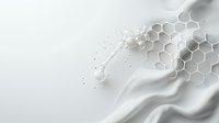 Elegant white honeycomb structure dissolving into particles and waves on light background, modern minimalist design pattern with flowing abstract elements.