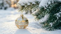 Gold ornament with decorative pattern resting on snow beneath evergreen branches laden with snow, creating festive winter holiday scene for seasonal decorations and celebrations.
