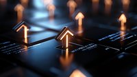 Glowing orange arrows rising from digital surface with financial data visualization, dark background with selective focus creates depth for business concept.