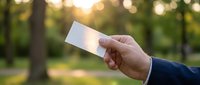 Professional businessman hand holding blank white business card in sunny park with bokeh background for corporate branding and networking purposes.