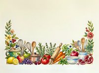 Watercolor kitchen border with cooking utensils, fresh vegetables, fruits, and herbs on cream background, perfect for recipe cards and menus.