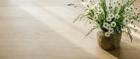 Modern minimalist interior with fresh flower arrangement in ceramic vase on natural wood floor creating peaceful home decor atmosphere.