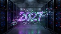 2027 neon sign glowing in futuristic server room with data center racks and digital light trails, technology concept for future innovation.