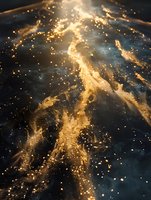 Magical golden sparkles and swirls on dark background create ethereal cosmic effect with glowing particles and luminous streams flowing through mysterious space.